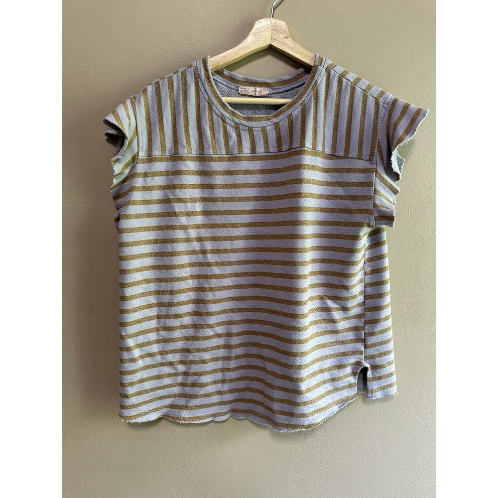 Ces‎ Femme Short Sleeve Purple Striped Brown Top Raw Edge Cotton Blend Sz L Boho